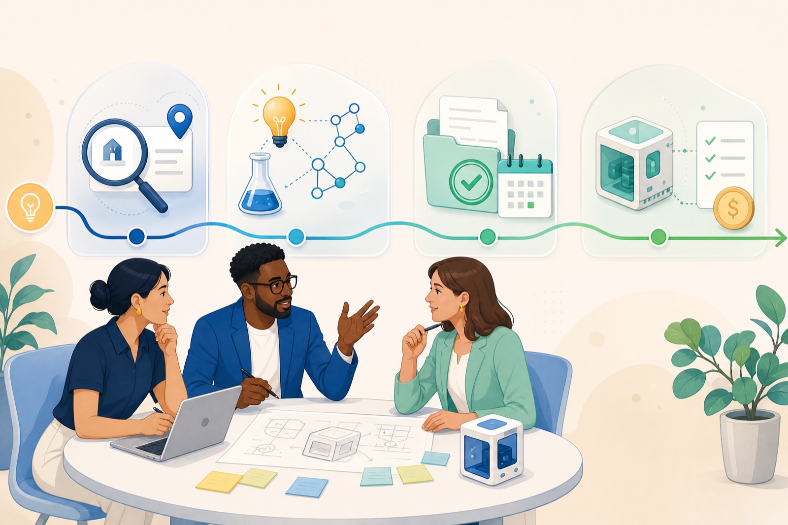 Equipo de eComm360 en una sesión de trabajo con el roadmap de los 4 pasos: diagnóstico, diseño del reto, memoria y ejecución.